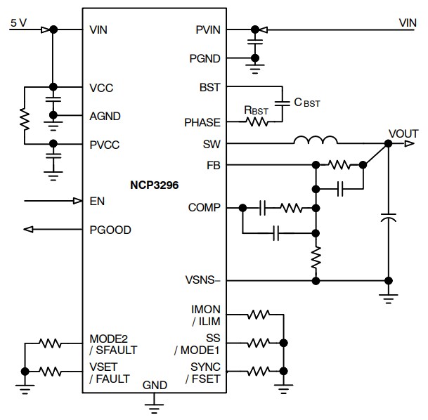 Application Circuit Diagram - onsemi NCP3296 Stackable Synchronous Buck Regulator